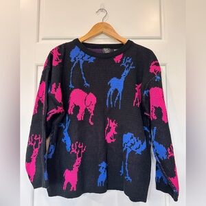 Vintage Oak Bluff Black Sweater with Pink and Blue Animal Print